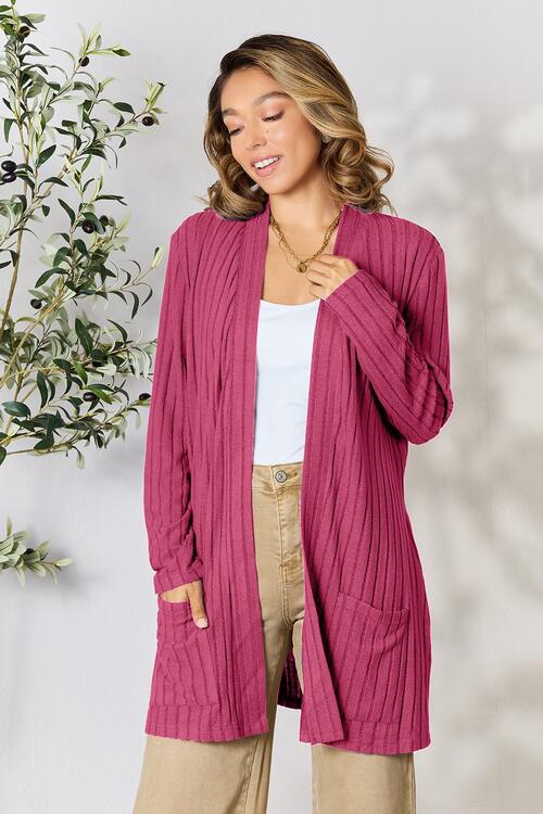 Basic Bae Full Size Ribbed Open Front Cardigan with Pockets BLUE ZONE PLANET