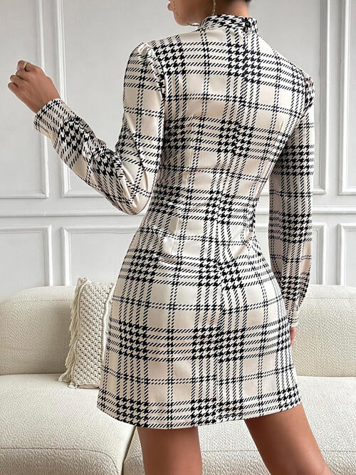 Houndstooth Mock Neck Cinched Mini Dress BLUE ZONE PLANET