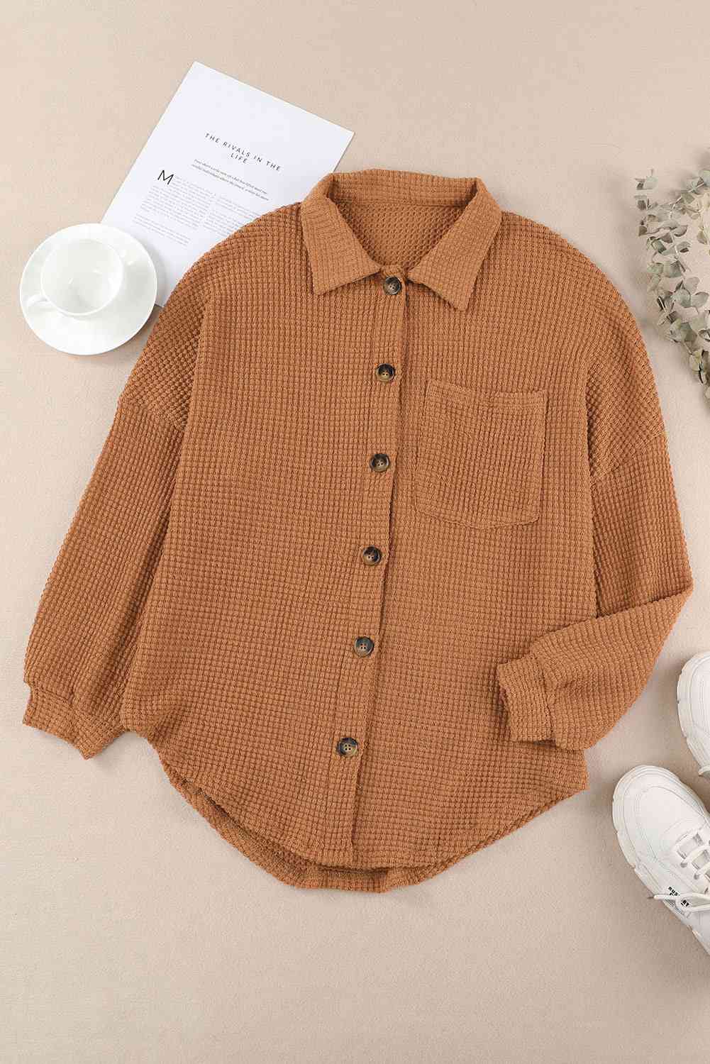 Waffle-Knit Button Up Long Sleeve Shirt with Pocket BLUE ZONE PLANET