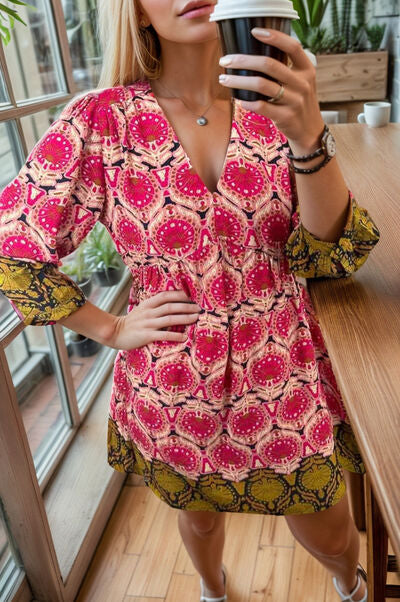 Printed V-Neck Three-Quarter Sleeve Dress Trendsi