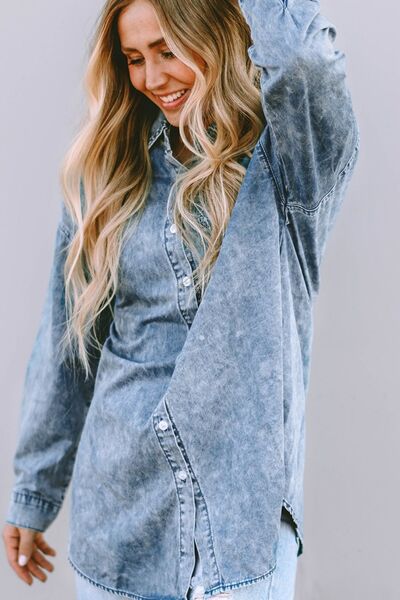 Blue Zone Planet |  Button Up Dropped Shoulder Denim Top BLUE ZONE PLANET