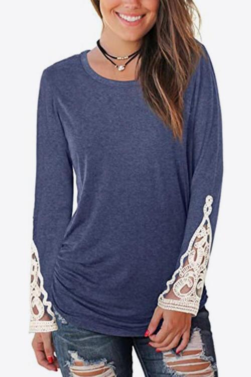 Lace Detail Long Sleeve Round Neck T-Shirt BLUE ZONE PLANET