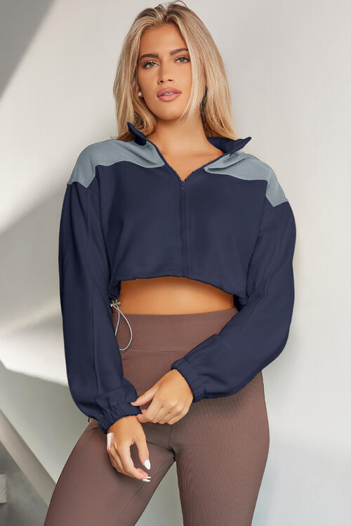 Contrast Drawstring Zip Up Jacket BLUE ZONE PLANET