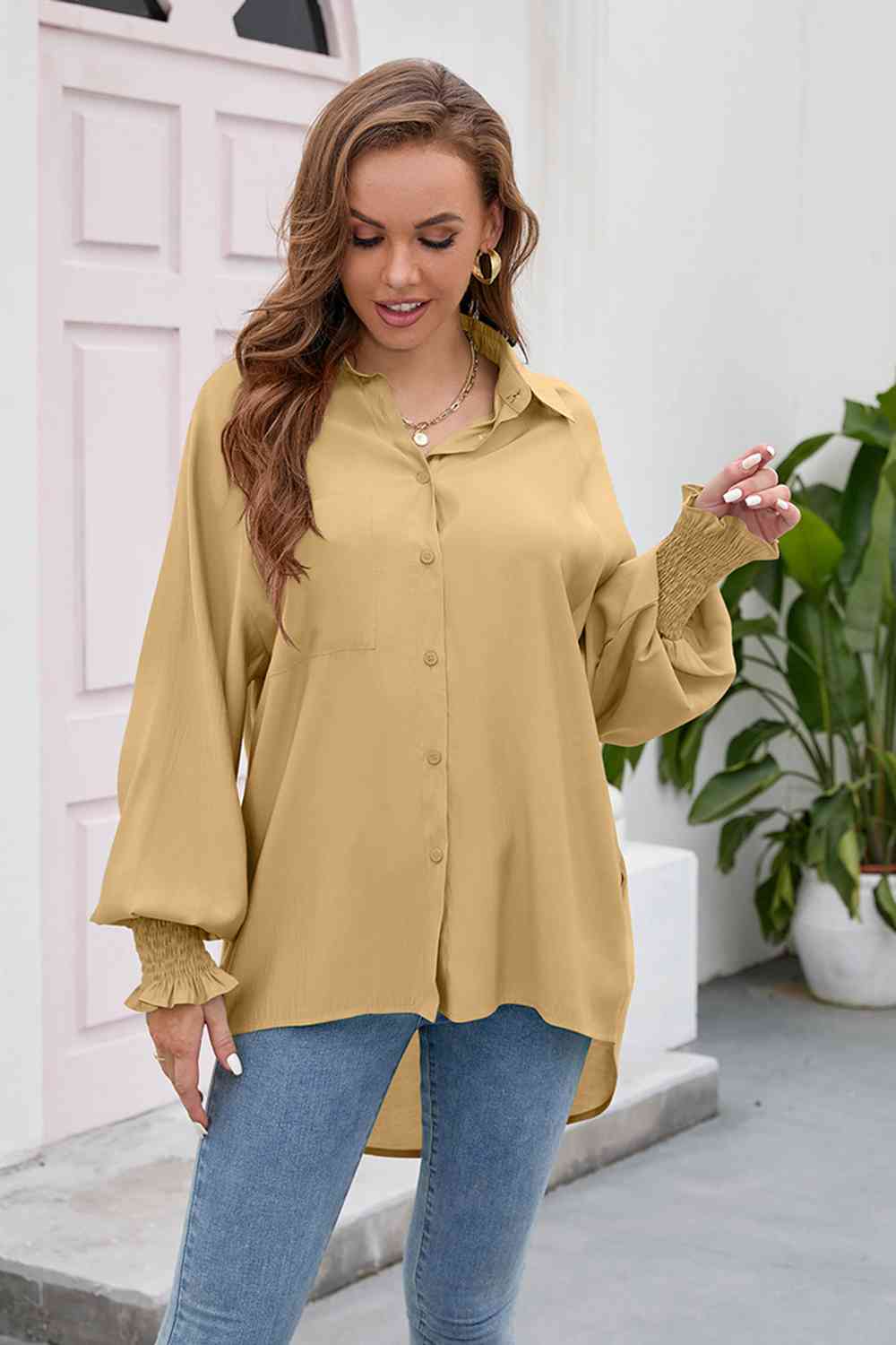 High-Low Collared Neck Lantern Sleeve Shirt BLUE ZONE PLANET