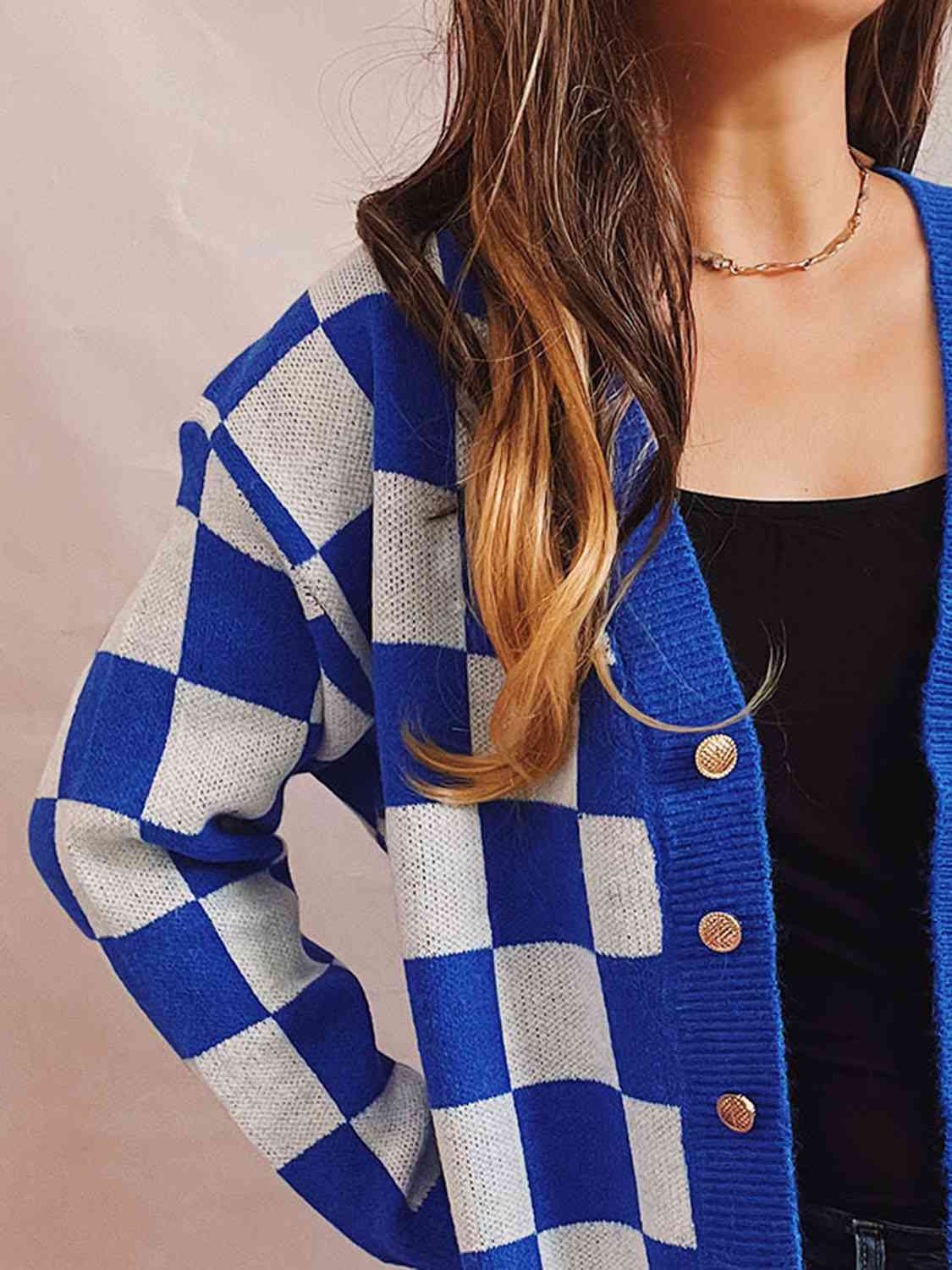 Checkered Open Front Button Up Cardigan BLUE ZONE PLANET