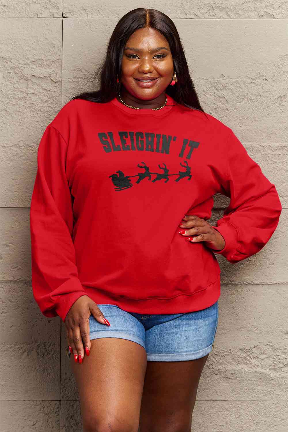 Simply Love Full Size SLEIGHIN' IT Graphic Sweatshirt BLUE ZONE PLANET