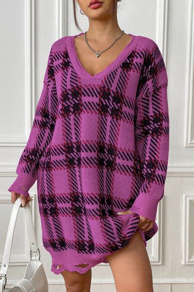 Plaid V-Neck Long Sleeve Sweater Dress BLUE ZONE PLANET