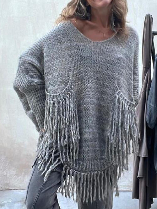 Fringe Detail Long Sleeve Sweater with Pockets BLUE ZONE PLANET