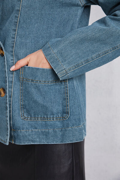 Pocketed Button Up Denim Jacket Trendsi