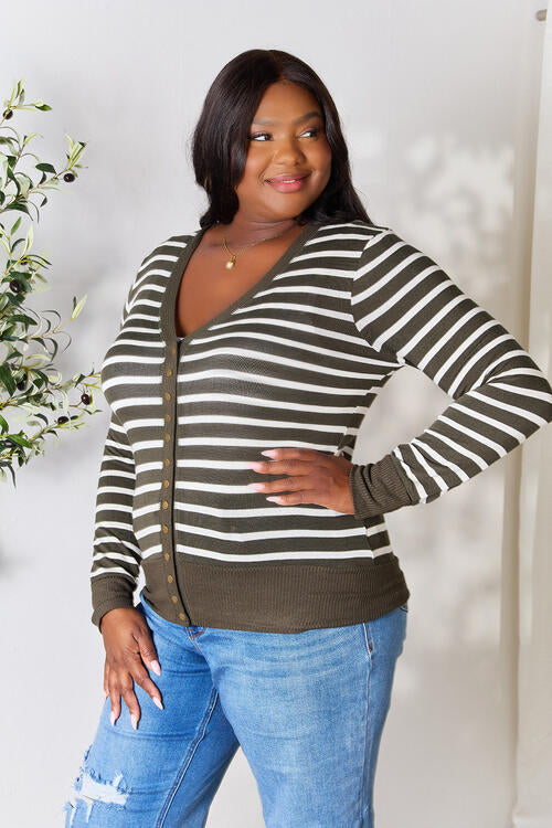 Zenana Full Size Striped Snap Down Cardigan BLUE ZONE PLANET