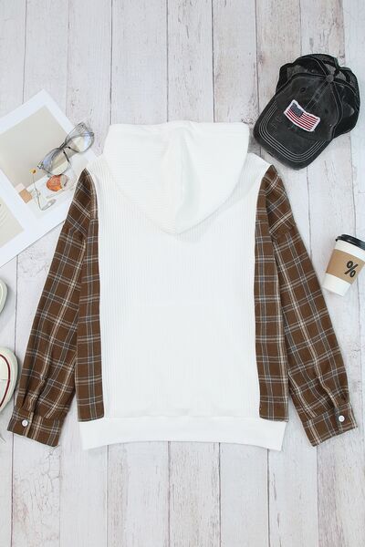 Plaid Waffle-Knit Drawstring Kangaroo Pocket Hoodie-TOPS / DRESSES-[Adult]-[Female]-2022 Online Blue Zone Planet