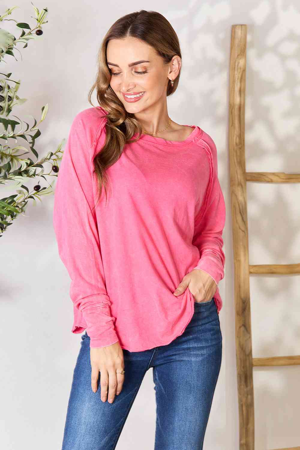 Zenana Round Neck Long Sleeve Top BLUE ZONE PLANET