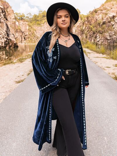 Plus Size Embroidery Open Front Long Sleeve Cardigan BLUE ZONE PLANET