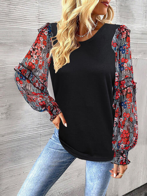 Round Neck Contrasting Color Printed Lantern Sleeve Top BLUE ZONE PLANET