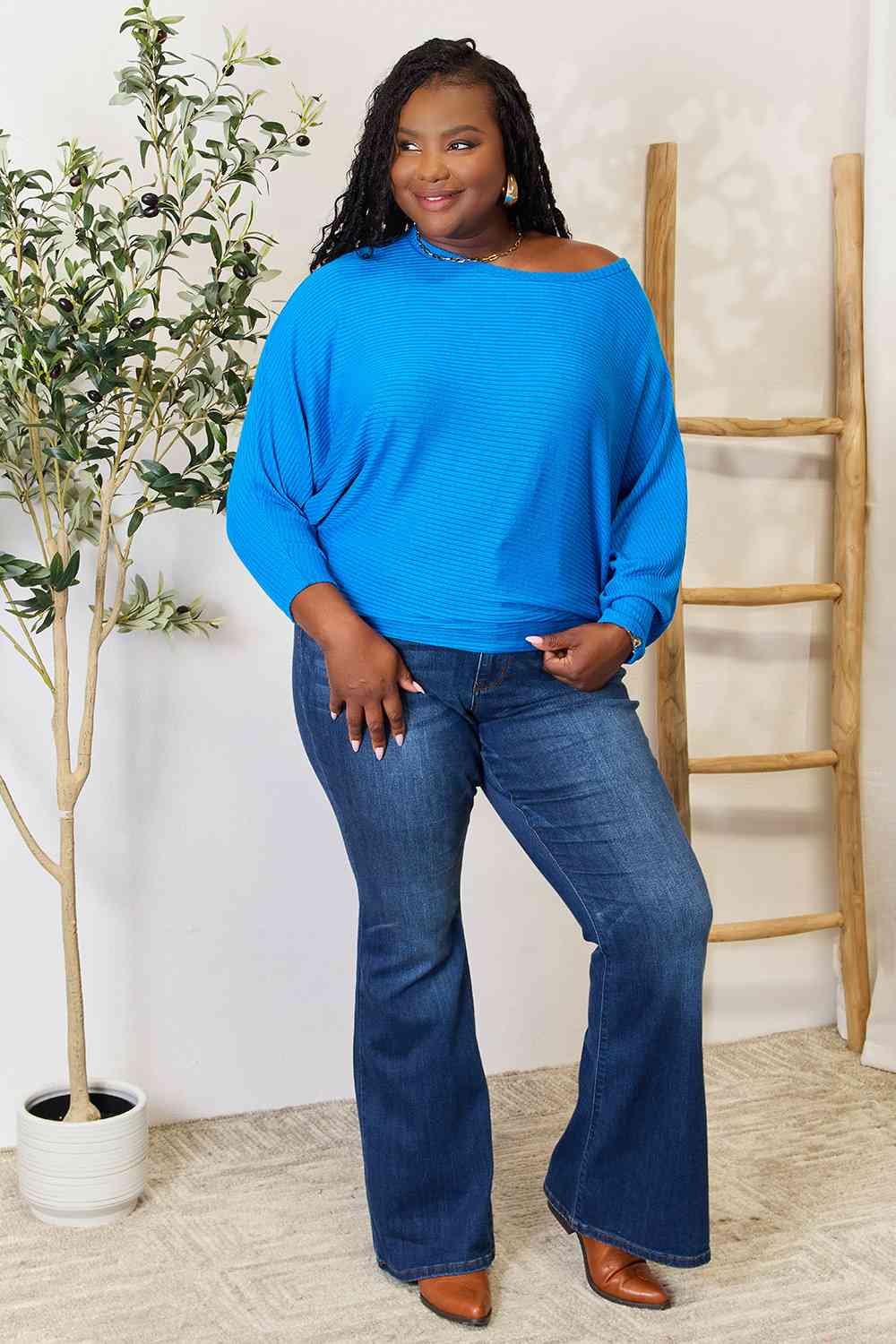 Zenana Full Size Round Neck Batwing Sleeve Blouse BLUE ZONE PLANET