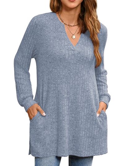 Slit Notched Pocketed Long Sleeve T-Shirt-TOPS / DRESSES-[Adult]-[Female]-2022 Online Blue Zone Planet