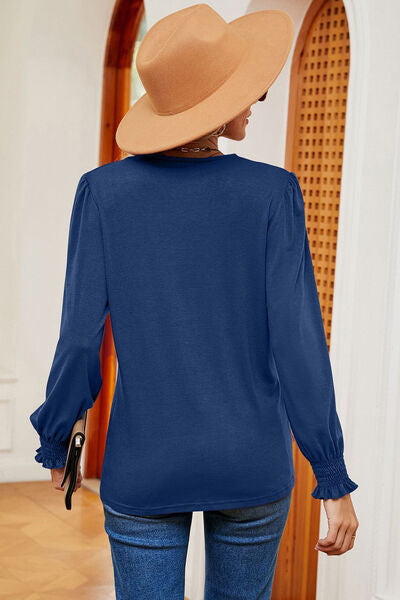 Lace Detail V-Neck Lantern Sleeve T-Shirt Trendsi