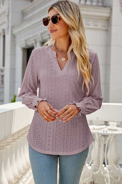 Eyelet Notched Lantern Sleeve T-Shirt Trendsi