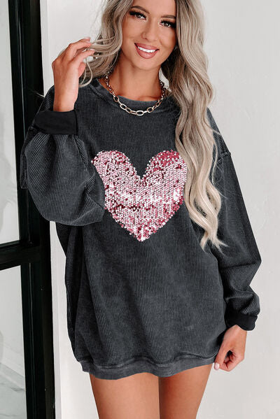 Blue Zone Planet |  Heart Sequin Round Neck Sweatshirt BLUE ZONE PLANET