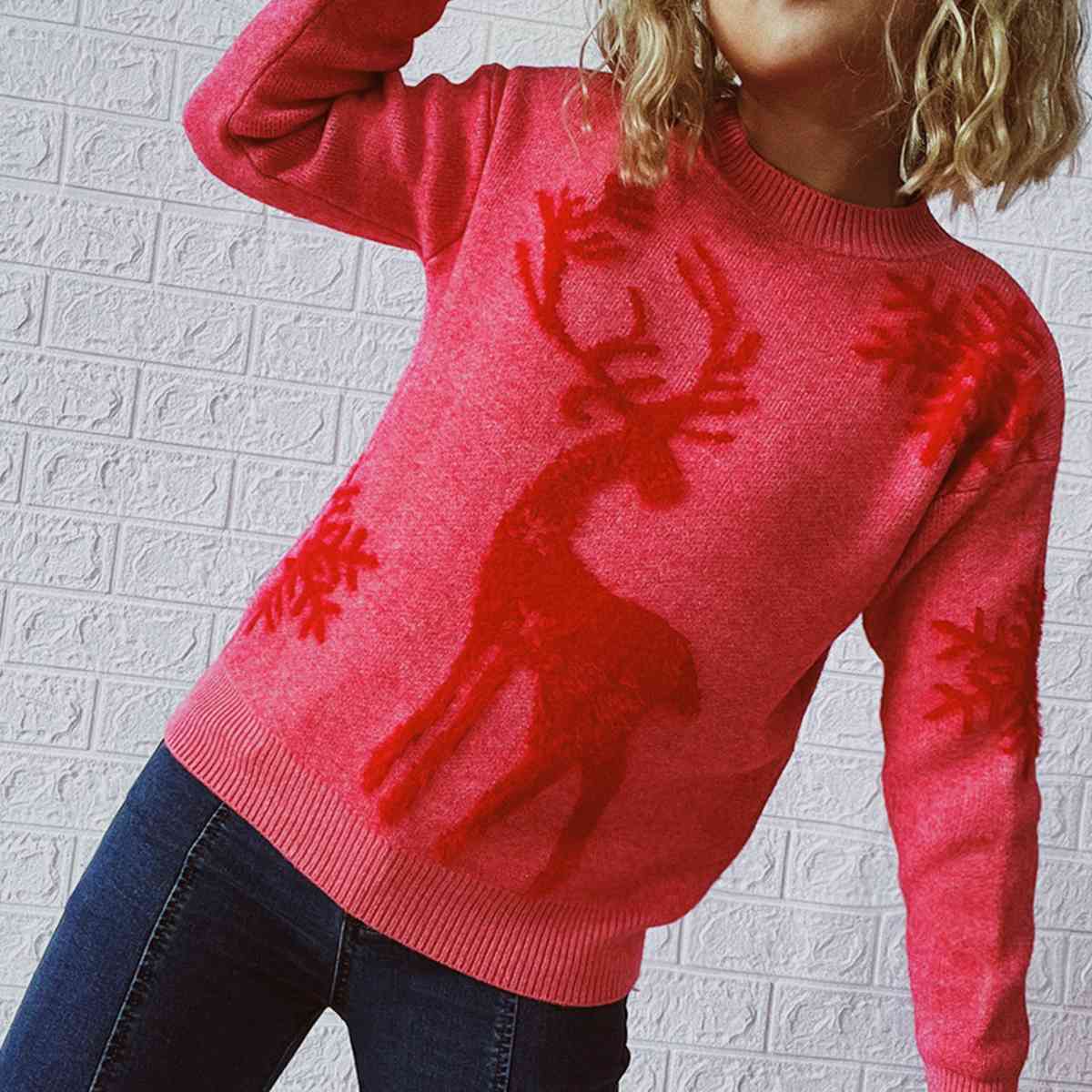 Reindeer and Snowflake Pattern Sweater BLUE ZONE PLANET