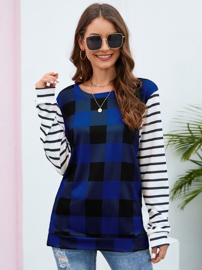 Plaid Striped Round Neck Long Sleeve T-Shirt-TOPS / DRESSES-[Adult]-[Female]-2022 Online Blue Zone Planet