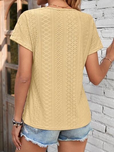 Eyelet V-Neck Short Sleeve T-Shirt Trendsi