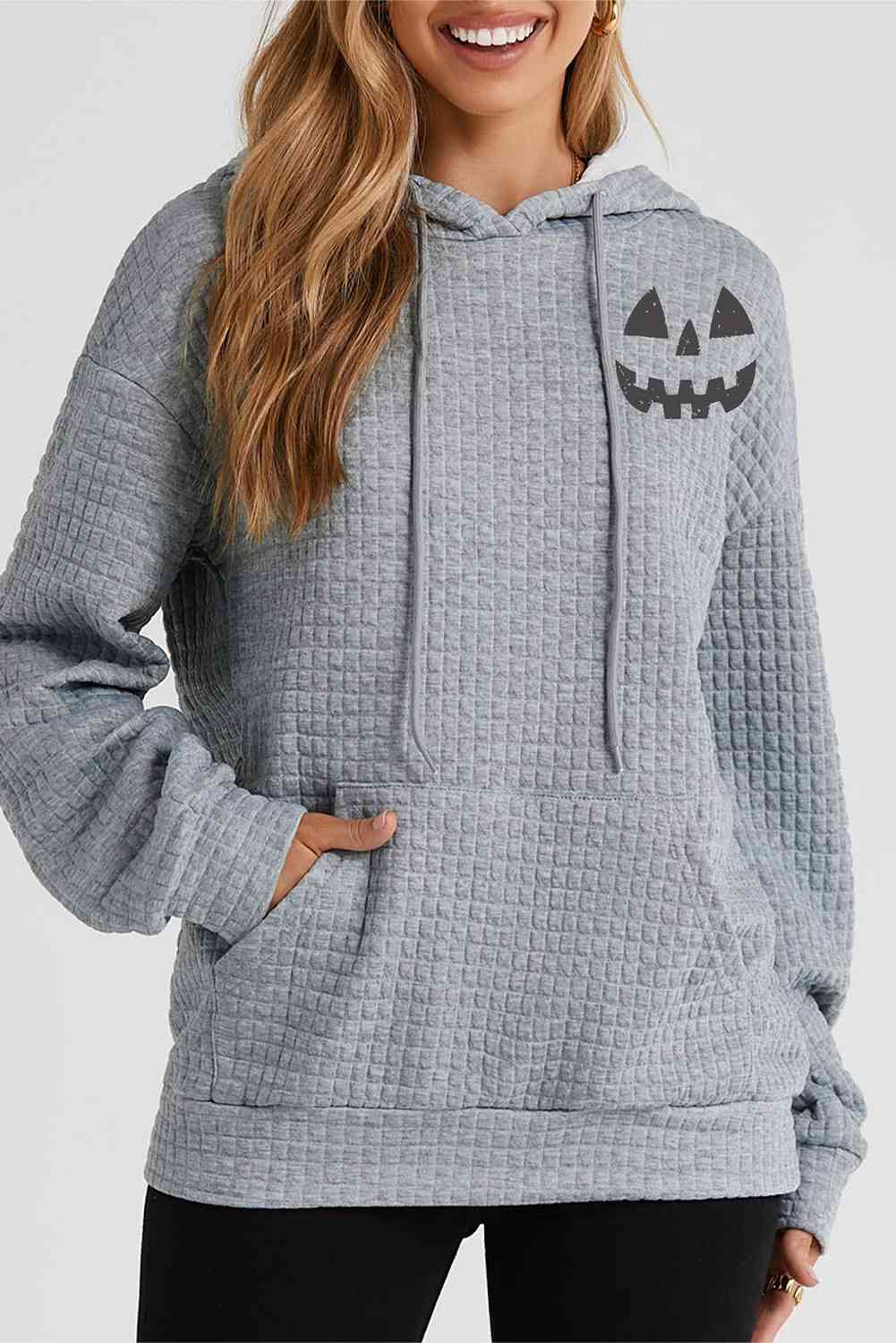 Pumpkin Face Graphic Drawstring Hoodie with Pocket BLUE ZONE PLANET