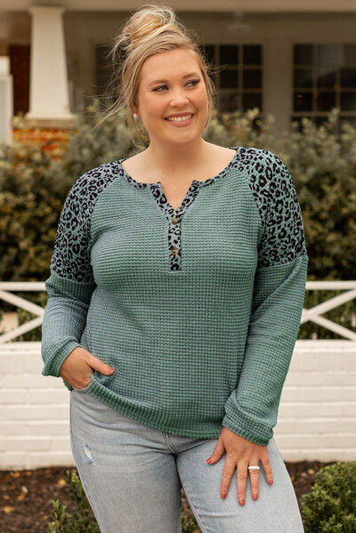 Blue Zone Planet |  Plus Size Leopard Waffle-Knit Long Sleeve T-Shirt BLUE ZONE PLANET