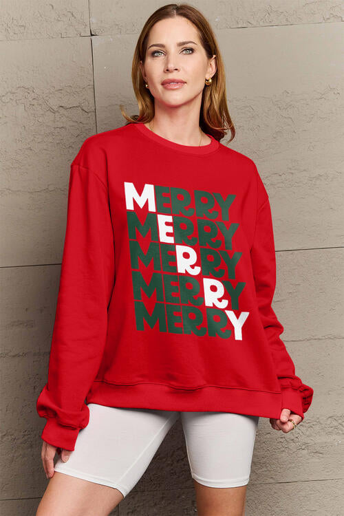 Simply Love Full Size MERRY Long Sleeve Sweatshirt BLUE ZONE PLANET