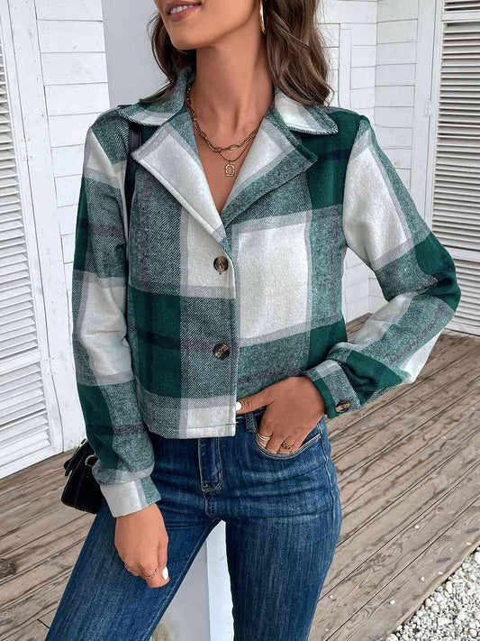 Plaid Collared Neck Button Up Long Sleeve Jacket BLUE ZONE PLANET