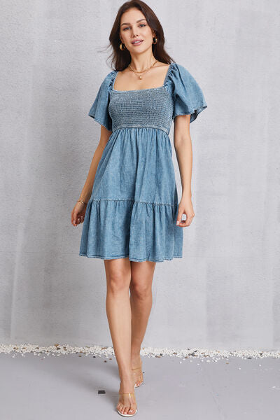 Smocked Square Neck Mini Denim Dress-TOPS / DRESSES-[Adult]-[Female]-2022 Online Blue Zone Planet