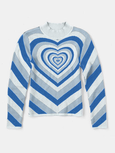 Blue Zone Planet |  Heart Mock Neck Long Sleeve Sweater BLUE ZONE PLANET