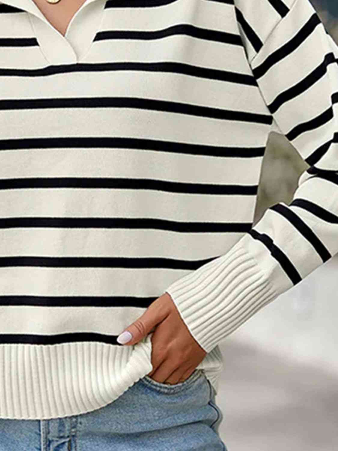 Striped Collared Neck Knit Top BLUE ZONE PLANET