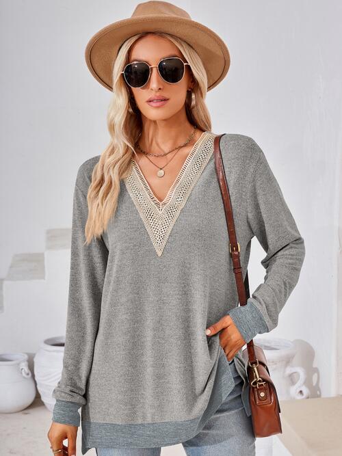 Crochet Contrast V-Neck Long Sleeve Slit T-Shirt BLUE ZONE PLANET