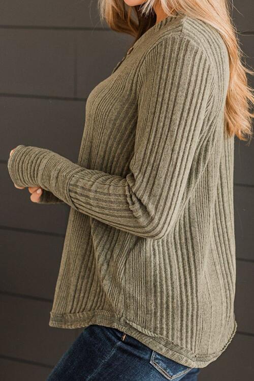 Ribbed Buttoned Long Sleeve Blouse BLUE ZONE PLANET