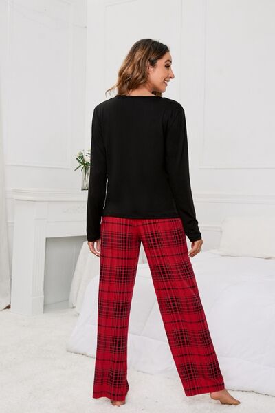 Blue Zone Planet |  Round Neck Long Sleeve Top and Bow Plaid Pants Lounge Set BLUE ZONE PLANET