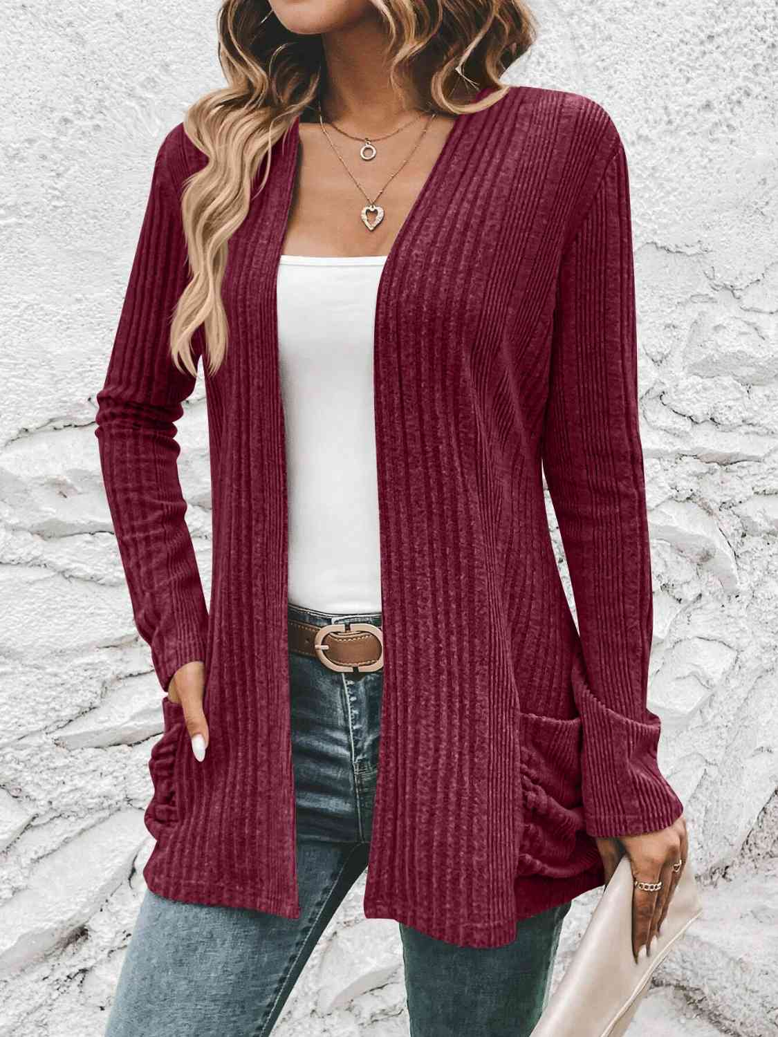 Ribbed Open Front Cardigan with Pockets BLUE ZONE PLANET