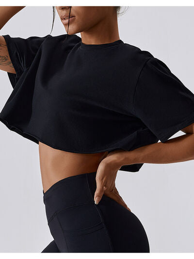 Cropped Round Neck Short Sleeve Active Top Trendsi