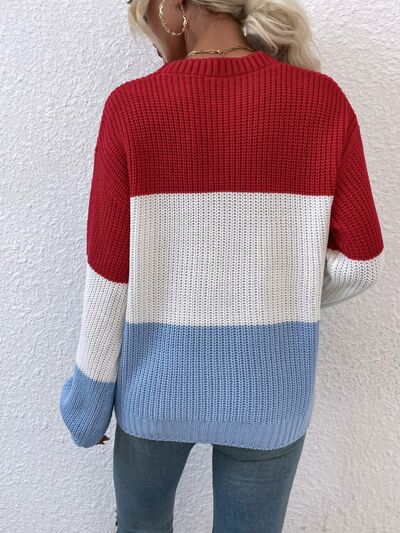 Color Block Round Neck Sweater BLUE ZONE PLANET