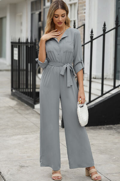 Pocketed Tied Wide Leg Jumpsuit Trendsi