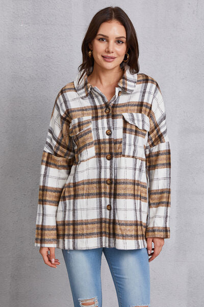 Plaid Button Up Dropped Shoulder Outerwear-TOPS / DRESSES-[Adult]-[Female]-2022 Online Blue Zone Planet