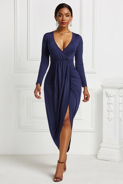 Blue Zone Planet |  High-low Ruched Surplice Long Sleeve Dress BLUE ZONE PLANET