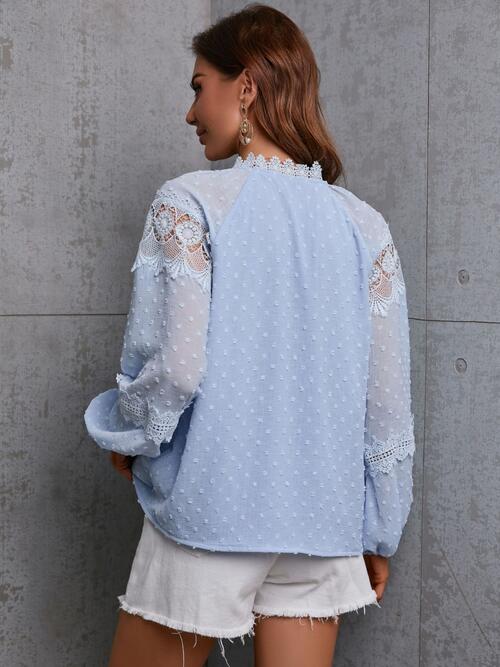 Crochet Tassel Tie Neck Long Sleeve Blouse BLUE ZONE PLANET