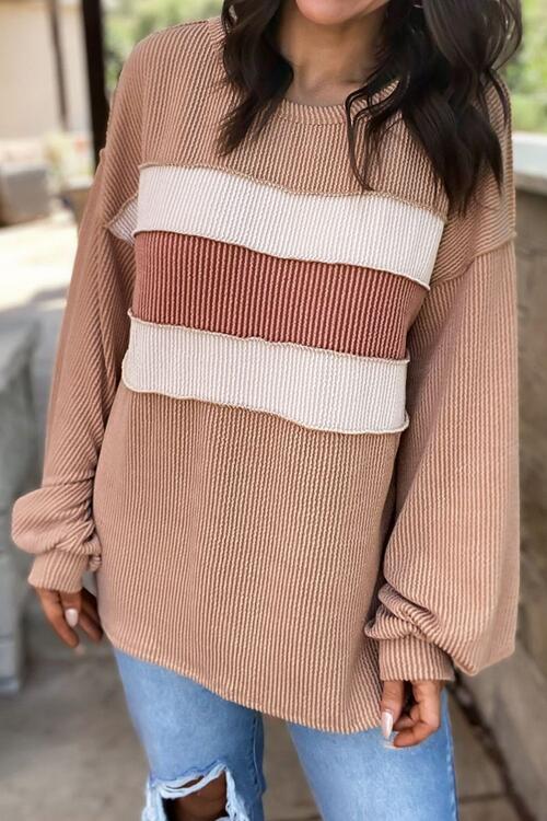 Ribbed Color Block Exposed Seam Round Neck Blouse BLUE ZONE PLANET