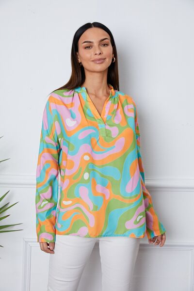 Printed Notched Long Sleeve Blouse BLUE ZONE PLANET