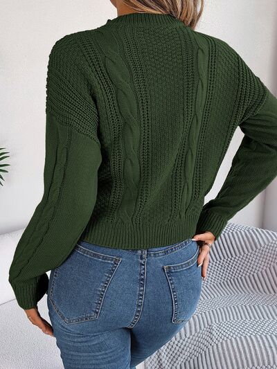 Blue Zone Planet |  Cable-Knit Buttoned Round Neck Sweater BLUE ZONE PLANET