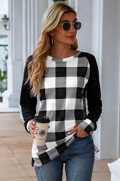 Plaid Round Neck Long Sleeve T-Shirt-TOPS / DRESSES-[Adult]-[Female]-White-S-2022 Online Blue Zone Planet