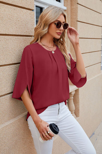 Blue Zone Planet |  Round Neck Slit Half Sleeve Top BLUE ZONE PLANET