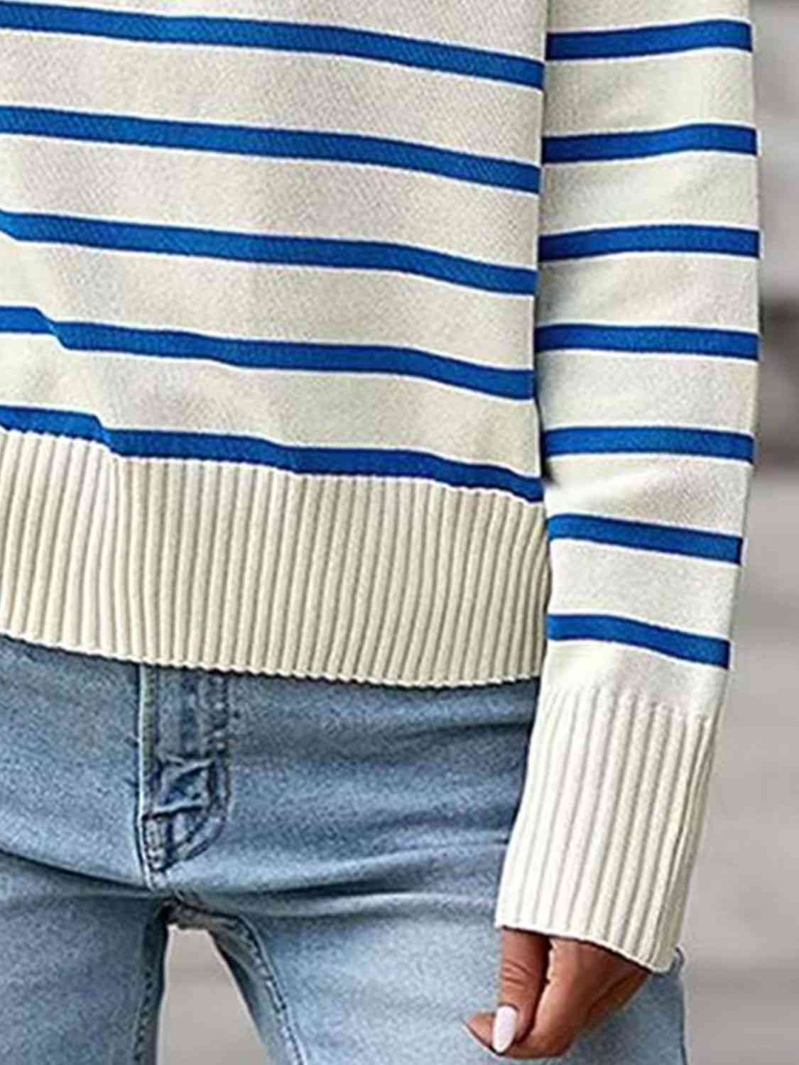 Striped Collared Neck Knit Top BLUE ZONE PLANET