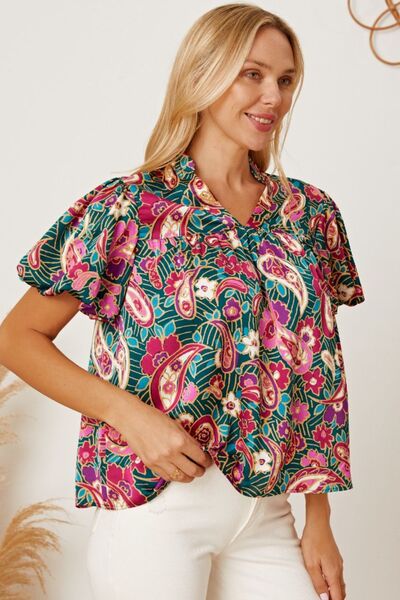 Floral Collared Neck Short Sleeve Blouse Trendsi